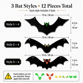 QEKIUII 12 Pack Hanging Halloween Bat Decorations, Plastic Bat Cutouts with Coloured Eye Stickers for Haunted House Parties, Outdoor Garden Tree Porch & Indoor Window Wall Decor