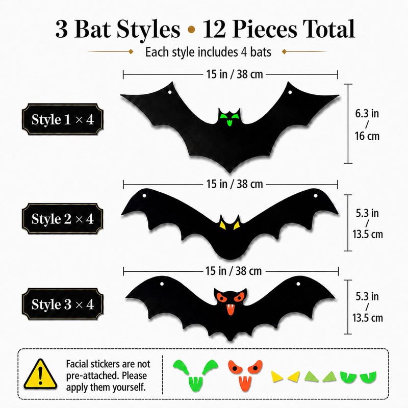 QEKIUII 12 Pack Hanging Halloween Bat Decorations, Plastic Bat Cutouts