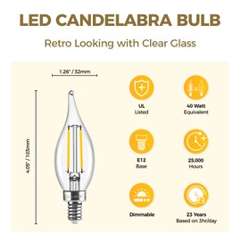 Hizashi E12 Candelabra Bulbs 40 watt Equivalent, 90+ CRI E12 LED Bulb Dimmable Flame Tip Chandelier Light Bulbs, 4W 450LM 3000K Soft White, CA10, UL Listed,1 Pack