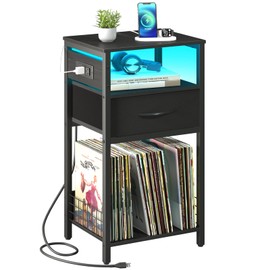 Yoobure Side Table - Night Stand with Charger Station & LED Light, 3 Tier Small End Table Living Room, Bedside Table with Drawer, Record Player Stand with Vinyl Storage, Black Nightstand for Bedroom