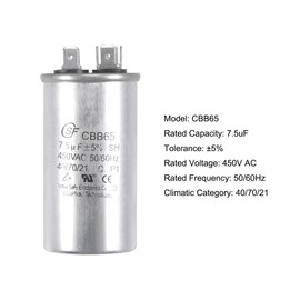 sourcing map Run Capacitor Round CBB65 7.5uF 7.5mfd 450V AC 40/70/21 Aluminum Case with Terminal for Air Conditioner Compressor Motor Heat Pump Condenser 2Pcs