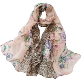 FAIRYGATE Chiffon Scarves for Women Sale Flower Print Ladies Scarfs Celebrity Style Pink Scarf Women Maxi Wrap Sarong Shawls 38012