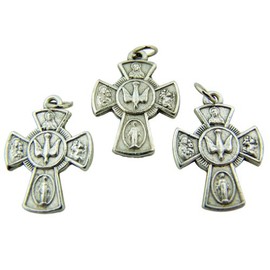 Silver Tone Rosary Part 4-Way Cross with Holy Dove Center Pendant Charm, 7/8-inch