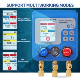 WISSCOOL Dual Digital Gauges HVAC, R12,R22,R134A,R410,R502,R1234yf Vacuum Pressure Manifold Gauge 3 Way Color LCD Sight Glass 92 Refrigerants Leak Detection Test Gauge for AC Charging