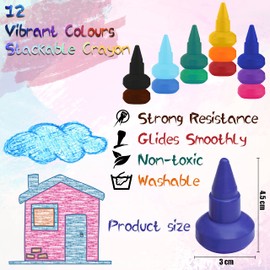 HOVUK 12x Finger Crayons for Kids - Washable, Non-Toxic Palm Grip Crayons | Stackable Art & Craft Toys for Boys and Girls | First Easy Grip, Twistable Crayons for Toddlers, 4.5cm