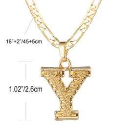Initial Necklace for Women Men Teen Girls Boys, Gothic 18K Gold Plated 26 Letters Pendant Necklace, 3mm Wide Figaro Chain with Extension, Copper, Cubic Zirconia,