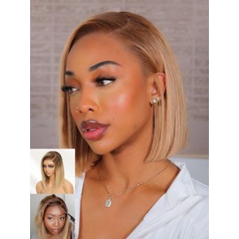Nadula 13X4 HD Ombre Blonde Highlight Bob Straight Drawstring Wig Human Hair With Brown Roots - Pre Everything Glueless Ombre Bob Lace Front Wig with Ear Tape - Ready to Go Short Ombre Bob Wig 10inch