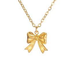 KKJOY Cute Small Tiny Bow Necklace Stainless Steel Gold Plated Dainty Ribbon Bow Tie Pendant Necklace Butterfly Bowknot Jewelry for Women Charming Ladies (Style 7)