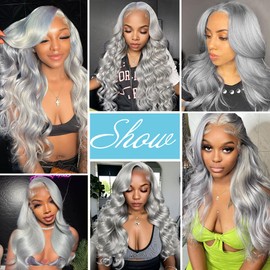 Grey Human Hair Wig 13X4 Body Wave Grey Lace Front Wigs Human Hair Pre Plucked with Baby hair 180% Density Transparent Lace Front Wigs Human Hair Colored wigs Human Hair Wigs for Women 28 inch