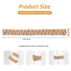 2 Pack Curtain Tiebacks, Handmade Natural Cotton Curtain Tie Backs, Decorative Curtain Rope Holdbacks, Boho Style Curtain Tiebacks for Living Room Bedroom, Adjustable Window Curtain Holdbacks, Brown
