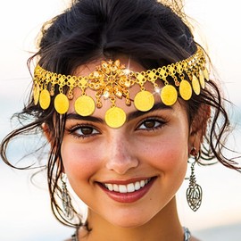 Urieo Boho Coin Head Chain Gold Egyptian Headpiece Jewelry Crystal Headband Hair Accessories for Women and Girls