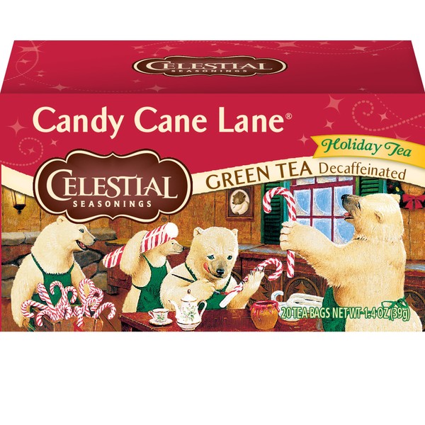 Celestial Seasonings Holiday Green Tea - Candy Cane Lane - Decaffeinated - Case of 6 - 20 Bag