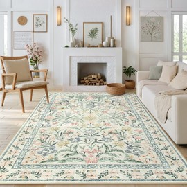 Morebes Boho Rugs for Living Room, Large 8 x 10 Area Rugs for Living Room Non Slip,Soft Ultra-Thin Distressed Floral Throw Carpet for Bedroom Office Dining Room, Cream/Multi