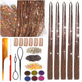 CelineBella Hair Tinsel Kit with Tools Coffee Brown Tinsel Hair Heat Resistant Fairy Hair Sparkling Shiny Glitter Hair Extensions for Women Girls Kids