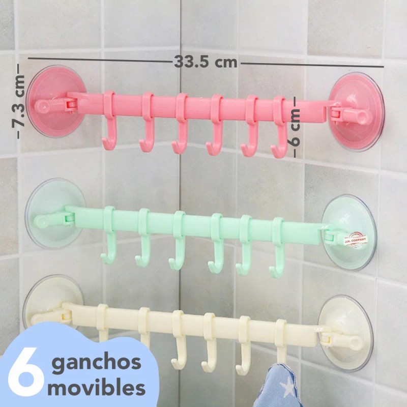 J.H. Company Perchero Adherible Multiusos Baño O Cocina 6 Ganchos