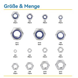 WZHUIDA 430 Pieces Self-Locking Nuts and Hex Nuts Assortment, Stainless Steel Locking Nuts Set, Lock Nuts Hexagonal Screw Nuts, M2 M3 M4 M5 M6 M8 M10 M12 DIN985 DIN934