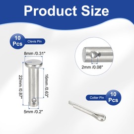 uxcell 10Pcs M5x20mm Clevis Pins, 304 Stainless Steel Single Hole Flat Head Hitch Fastener Lock Systems with Cotter Pins for Furniture Installation Trailer Lawn Mower, Silver