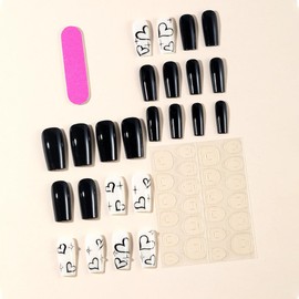 KTAABTR 24Pcs Valentines Press on Nails Long Coffin Nails Black Heart Fake Nails with Glue Black Glossy Acrylic Nails Design Valentines Heart False Nails Stick on Nails for Women DIY Manicure