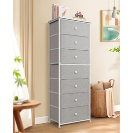 Tall Fabric Dresser for Bedroom, Vertical Storage Organizer Tower with 7 Drawers, Chest of Drawers with Bins, Steel Frame, Wood Top for Bedroom, Closet, Entryway Light Grey