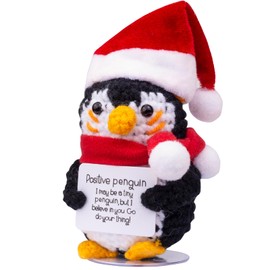 CoFuBcad Positive Penguin with Christmas Hat, Cute Christmas Crochet Penguin with Positive Card Wool Doll Emotions Penguin Christmas Party Decoration Encouragement Gifts