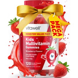 Vitawell Kids Multivitamin Gummies – 120 Chewable Gummies with Vitamin D3, A, C, E, B6 & B12 – Natural Strawberry Flavor – 4 Month Supply – No Artificial Colors, Flavors or Preservatives – Daily Immune & Growth Support