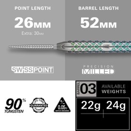 Target Darts Rove Steel Tip Swiss Point Darts, 90% Tungsten Dart Set, Barrel 03-24G, Steel Tip Dart Sets, Green & Silver Darts, Professional Dart Set with Swiss Points & Tools