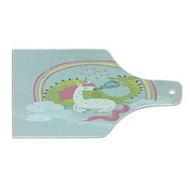 Ambesonne Fantasy Cutting Board, Love of Dragon and Unicorn Couple Romance Flirting Cartoon, Decorative Tempered Glass Cutting and Serving Board, Wine Bottle Shape, Pale Blue Pale Pink
