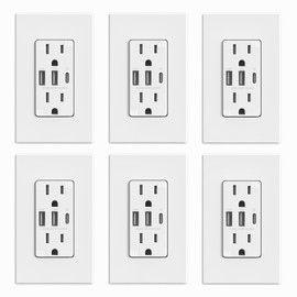 ELEGRP USB Outlets Receptacles, 3-Port Wall Outlet, 30W 6.0A Electrical Outlet, 15 Amp Tamper-Resistant Outlet with Type C Ports, UL Listed, Wall Plate Included, 6 Pack, Matte White