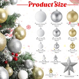 Outus 61 Pcs Glitter Christmas Tree Ornament Set Glitter Shatterproof Christmas Ball Ornaments Bulk Plastic Christmas Tree Star Topper for Xmas Tree Balls Holiday Party(Gold Silver White)