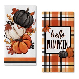 Seliem Fall Hello Pumpkin Kitchen Dish Towels Set of 2, Autumn Orange Plaid Check Hand Towels Maple Leaves Drying Baking Cooking Cloth, Thanksgiving Farmhouse Rustic Home Kitchen Decor 18 x 26 Inch