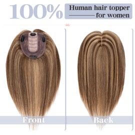 S-noilite 8 Inch 100% Human Hair Toppers Clip in Real Hair Topper for Thinning Hair Women uk Hair Piece Clip in Toupee 31g（#4/27 Medium Brown and Dark Blonde）