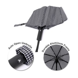 Nollia Windproof Automatic Travel Umbrella, Compact Portable with Reinforced Ribs for Sun & Rain-Automatic Black & White Houndstooth