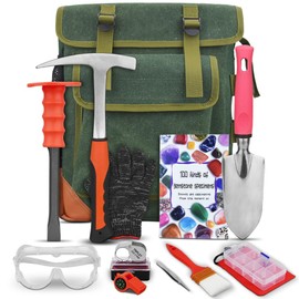 13-Piece Set - Geological Rock Pick and Hammer Set, Rockhound Field Guide - Backpacking Portable Chisel and 32-Ounce Hammer Set - Tools for Rock Hounding and Gold Mining (Red)