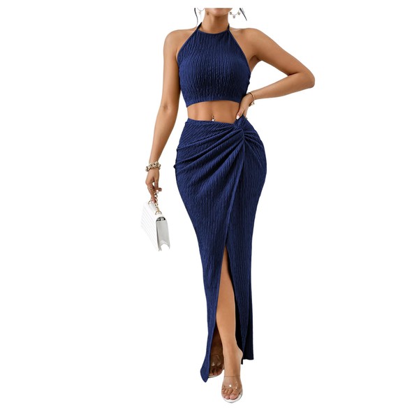 BEAUDRM Women's 2 Pieces Outfit Textured Halter Crop Top and