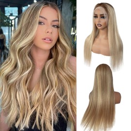 Munx Blonde Platinum Wig for Women, Ombre Lace Front Wig Human Hair Pre Plucked Ash Brown Roots Highlighted Blonde 13x6 Deep Part Frontal Wigs With Baby Hair Glueless Lace Front Wigs 22in