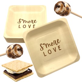 [50 Pieces] (25) S'more Love Birch Wood Plates + (25) Marshmallow Skewers (12") - Eco-Friendly 100% Compostable Plates - Perfect For S'mores, Wedding Events (5.5" x 5.5" Appetizer Plate)