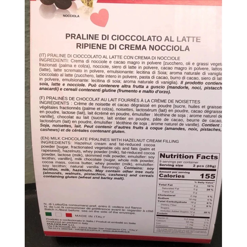 Oliva Valentine’s Day Cream D’Or Hazelnuts Milk Chocolate Pralines 8.8