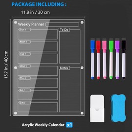Acrylic Meal Planner Magnetic Menu Board for Kitchen Fridge with 6 Markers, Clear Refrigerator Weekly Planning Noteboard Grocery/Shopping List/Chore Chart, Magnetic Pen Holder Eraser 15.7" x 11.8"