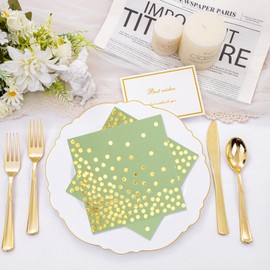 UOCAI Servietten Grün 40 Stück, Salbeigrün Gold Punkte Party Deko, Geburtstagsservietten Papierservietten Tischdeko für Gartenparty Hochzeit Dekorationen Feste, 16.5cmx16.5cm