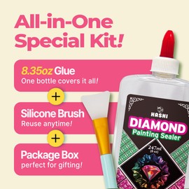HA SHI Diamond Painting Sealer Glue Kit with Silicone Applicator 247ml (8oz) - Waterproof Clear Finish for Diamond Art, Crafts and Puzzles - Quick Drying Durable Non-Toxic Coating