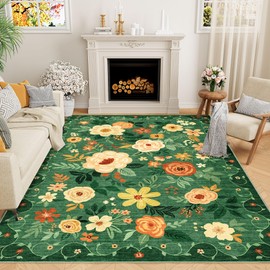 DUKINO 8x10 Area Rug, Floral Rugs for Living Room, Lightweight Non Slip Washable Rug, Indoor Low Pile & Non-Shedding Boho Design Rugs for Bedroom, Living Room, Dining Room, Dark Green