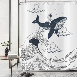 Hnmdmyi Funny Shower Curtain, Astronaut Riding Whales in the Ocean Wave Bath Curtain, Oriental, Vintage, Kanagawa, Japanese Waves Art, Children, Waterproof Fabric, Washable Bath Curtain, 180 x 200 cm