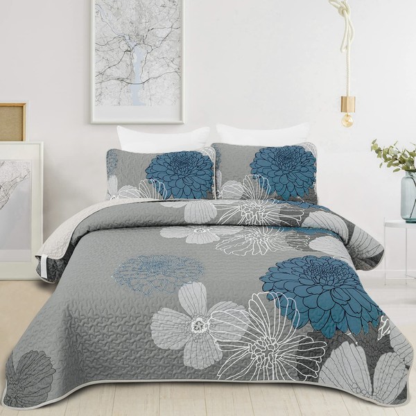 Floral Quilt Set California King Blue Boho Bedspread 3 Pieces Soft Lightweight Coverlet with 2 Pillow Shams for All Season 106"x96"