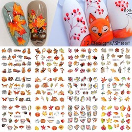 Fall Nail Art Stickers, Autumn Nail Art Water Decals Transfer Nail Supplies Maple Leaves Turkey Pumpkin Design Sticker for Women Acrylic Nail Maple Leaf Thanksgiving Decorations 12 PCS (Fall B)