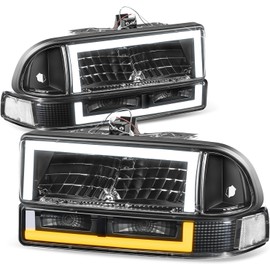 Auto Dynasty LED DRL Headlights Assembly Compatible with 1998-2004 Chevy Blazer S10, 4Pcs Headlamps Replacement w/Bumper Lamps, Box-Style LED Switchback DRL, Black Housing Clear Corner