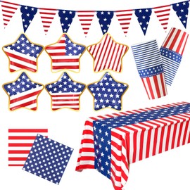Funnymoom 74 Pcs 4th of July Patriotic Party Supplies Includes 24 American Flag Paper Plates 24 Cups 24 Napkins Tablecloth and Banner for Election Day Fourth of July Independence Day, Serve 24