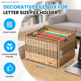 Decorative File Box 14 x 12 x 11 in Wicker Seagrass File Basket Organizer for Letter Size Hand Woven Hanging Filing Cabinet with Lid for Document Folder Home Office Decor, Water Hyacinth, Tricolor