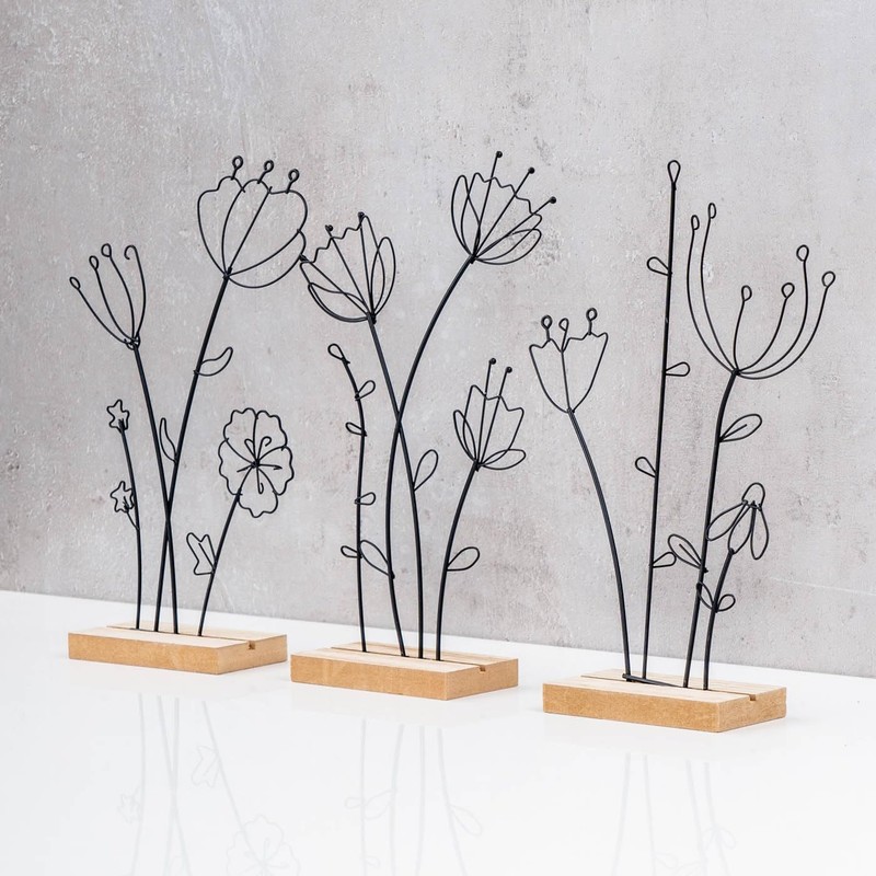 levandeo Set of 3 Stand Flower Metal MDF Black Natural