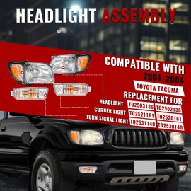 HECASA Headlight w/Bulbs Corner & Turn Signal Light Compatible with 2001-2004 Toyota Tacoma Headlamp Signal Bumper Lights Replacement for TO2503136 TO2502136 Clear Lens Black Housing Black Trim LH&RH