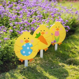Glitzhome 3 Pack Easter Chick Yard Signs with Stakes, 15" H Wooden Waterproof Chick Pick Happy Easter Outdoor Yard Lawn Garden Decoration